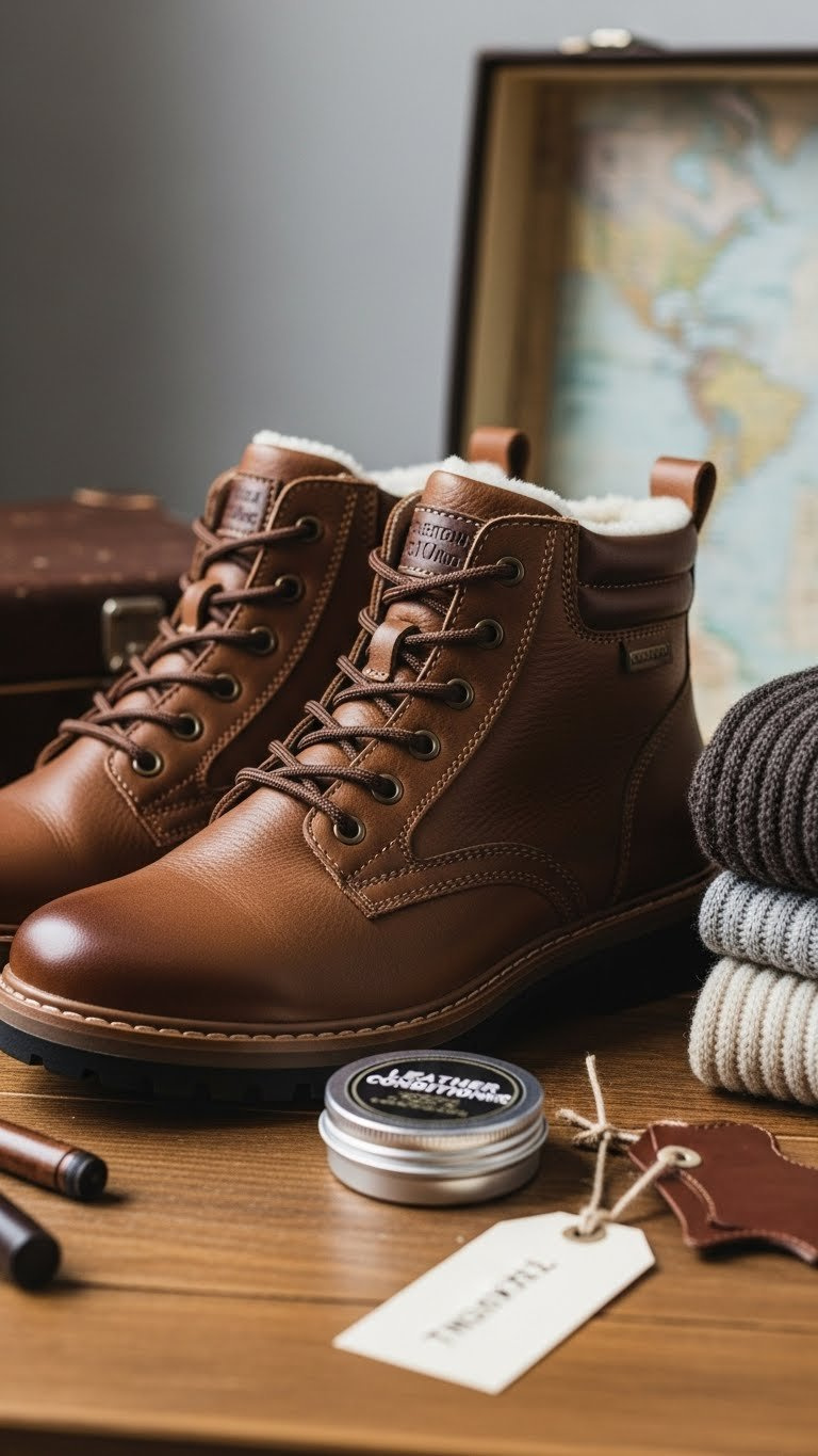 Waterproof leather winter ankle boots on a rustic table with wool hiking socks and leather conditioner, for travel.