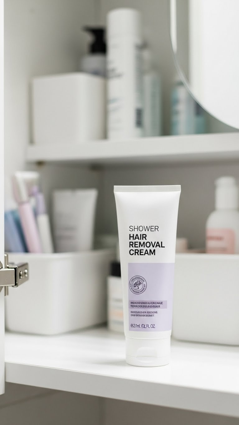 Well-organized bathroom cabinet with hair removal cream tube neatly stored upright