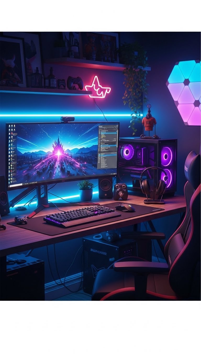 Well-organized gaming desk setup with curved monitor, LED lighting, gaming chair, and neat cable management
