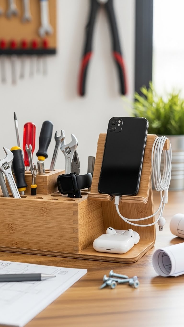 Well-organized wooden tool caddy holding screwdrivers and wrenches on a smooth workbench, accented by scattered metal screws and a rolled-up blueprint, under bright airy daylight.