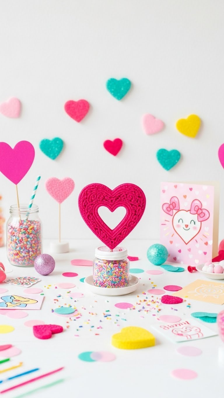Whimsical Valentine's Day mood board featuring heart motifs, pastel candies, colorful confetti, and playful illustrations on white background.