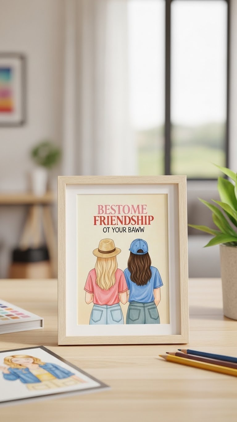 Whimsical custom friendship illustration in vibrant watercolor style showing personalized scene on wooden tabletop