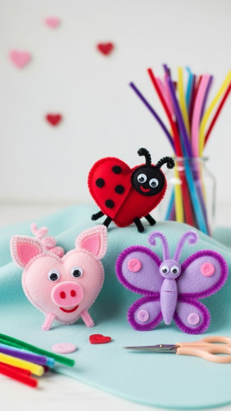 Whimsical pipe cleaner heart animals including a pink pig, red ladybug, and purple butterfly with googly eyes.