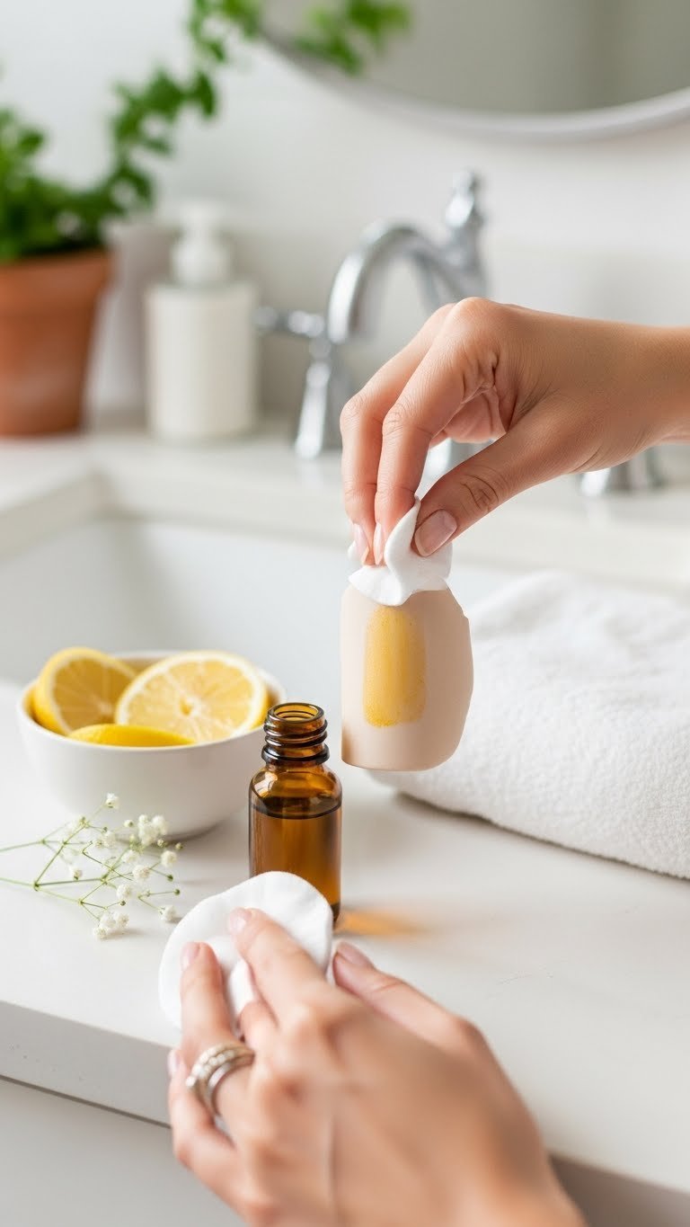 White cotton pad wiping clean skin next to amber oil bottle and fresh lemon slices on ceramic surface