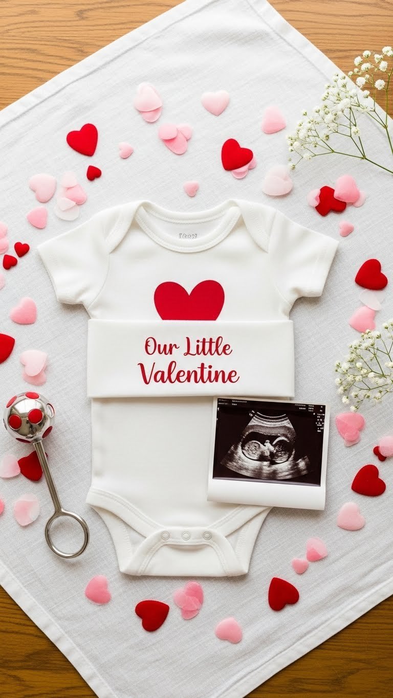 White newborn onesie with red heart graphic artfully folded among pink and red heart confetti and ultrasound photo in soft natural light.