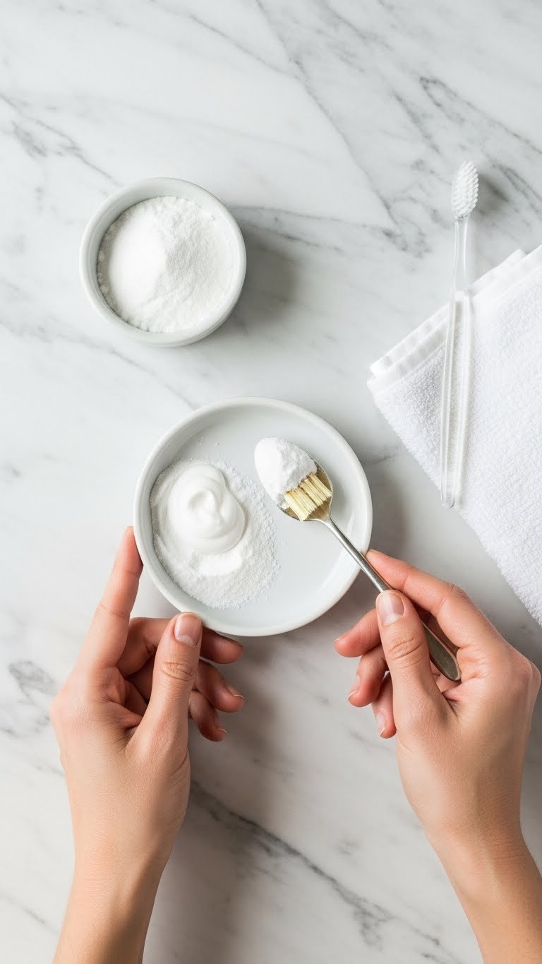 White toothpaste and baking soda hair weakening solution mixed in ceramic dish with brush on marble surface