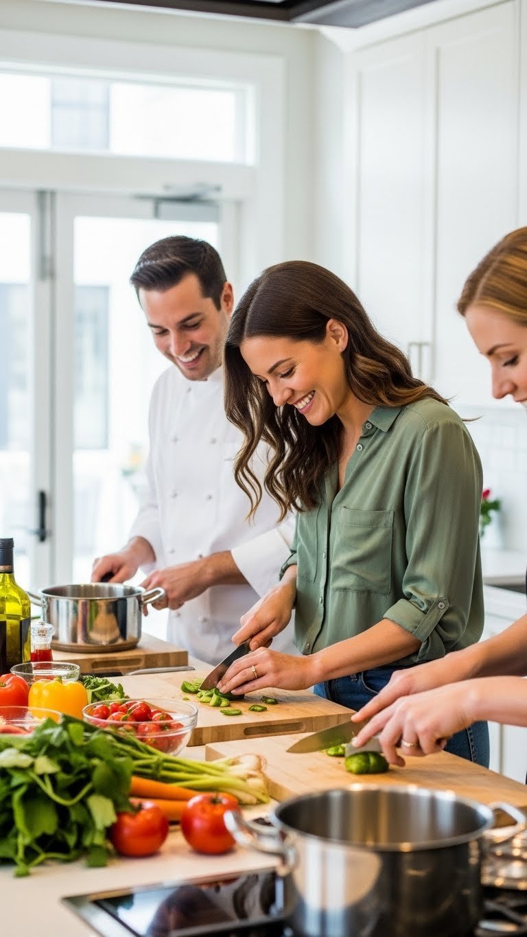 Woman and professional chef smiling while dicing vegetables together in bright modern kitchen cooking class