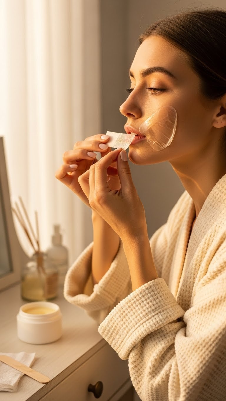 Woman applying facial wax strip to upper lip area with warm golden hour lighting on wooden vanity table
