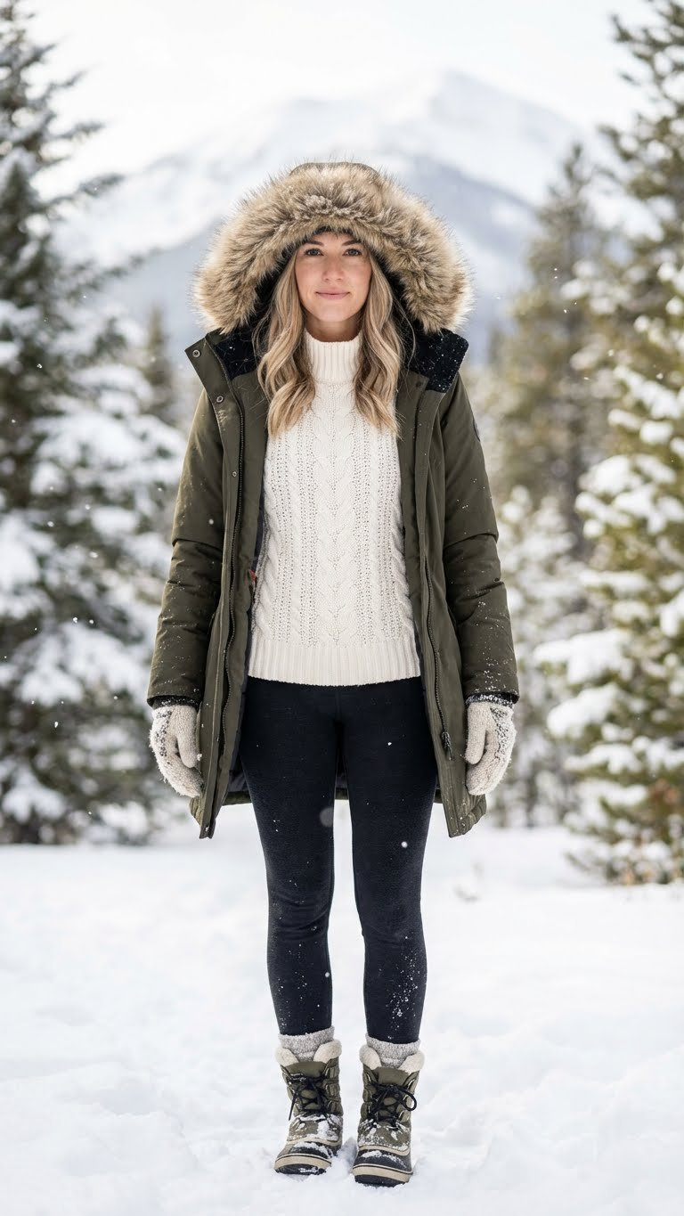 Woman bundled in a creamy cable-knit sweater, olive green parka, and snow boots in a snowy winter landscape.