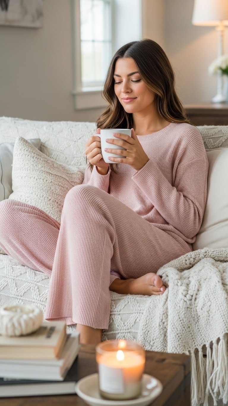 Woman curled on sofa wearing blush pink loungewear set holding steaming mug in cozy living room