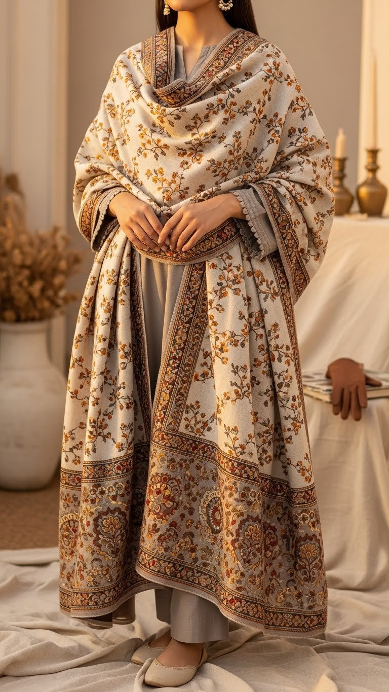 Woman draping richly embroidered pashmina shawl over Pakistani winter suit. Fine texture, craftsmanship detail, elegant golden hour fashion.