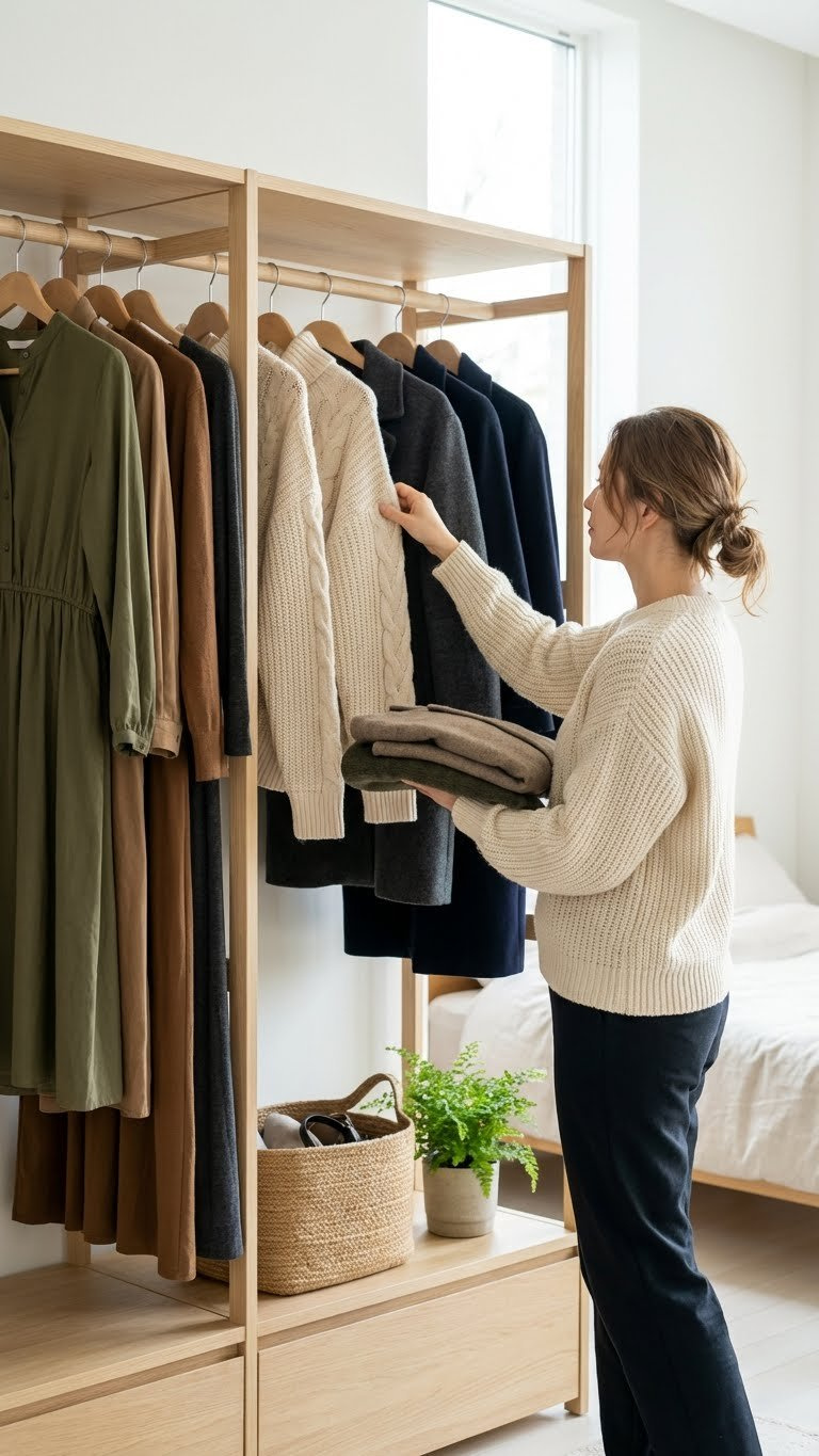 Woman effortlessly choosing an outfit from a cohesive minimalist modest winter capsule wardrobe with long dresses, skirts, and sweaters.