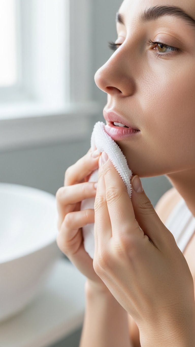 Woman gently wiping clean upper lip with soft white cloth after hair removal cream treatment