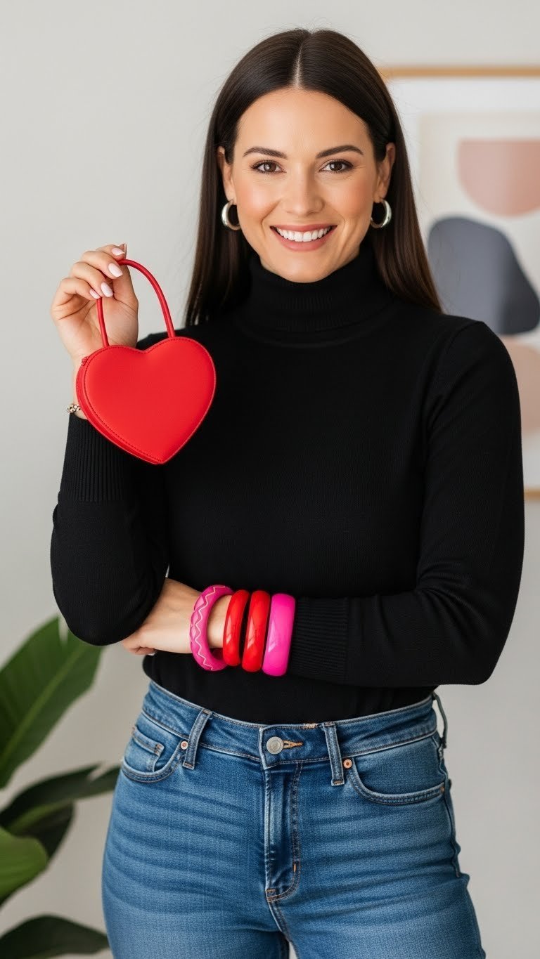 Woman holding heart-shaped red handbag and pink bangle bracelets against minimalist neutral background