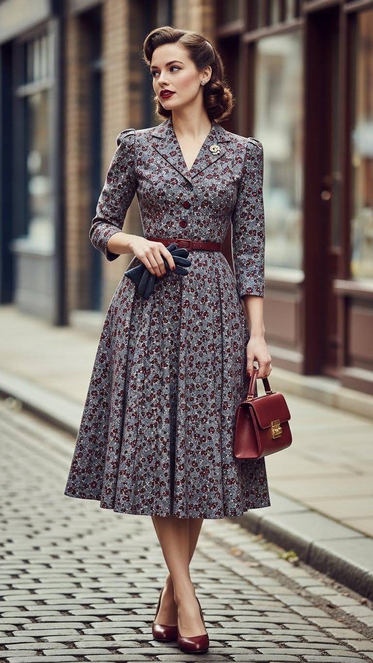Woman in 1940s wartime romance A-line dress with victory rolls hairstyle standing on vintage cobblestone street