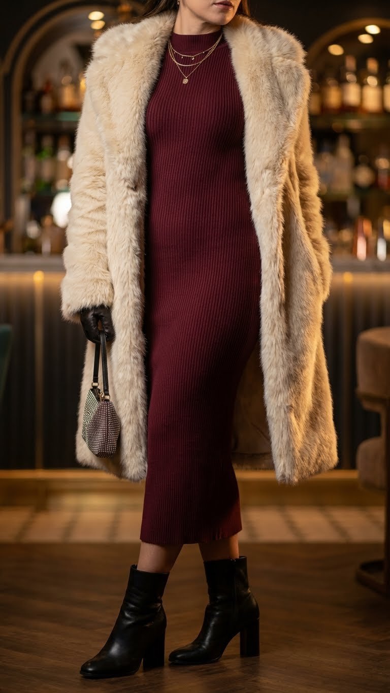 Woman in a burgundy ribbed bodycon dress, faux fur coat, and black block heel boots at an elegant bar.