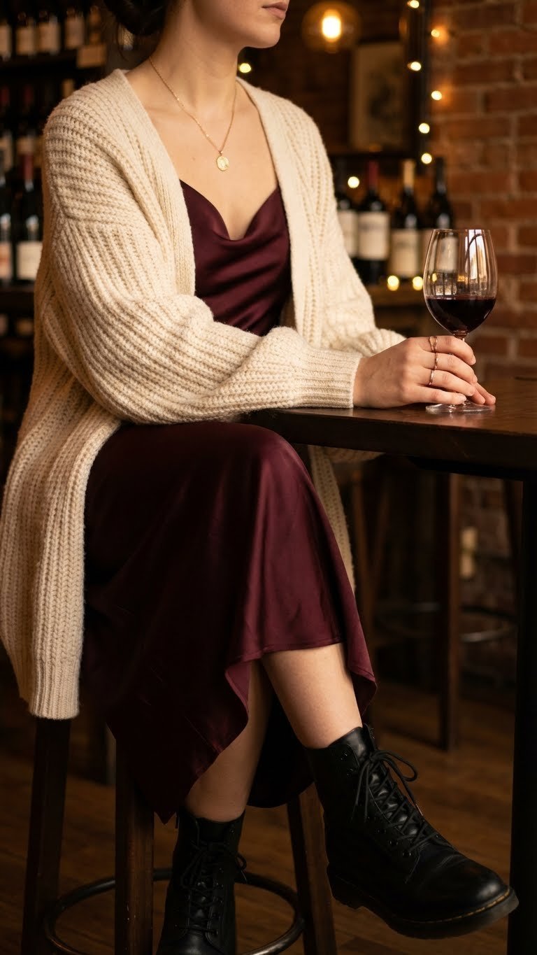 Woman in a burgundy satin slip dress, oversized knit cardigan, and black combat boots at a cozy wine bar.