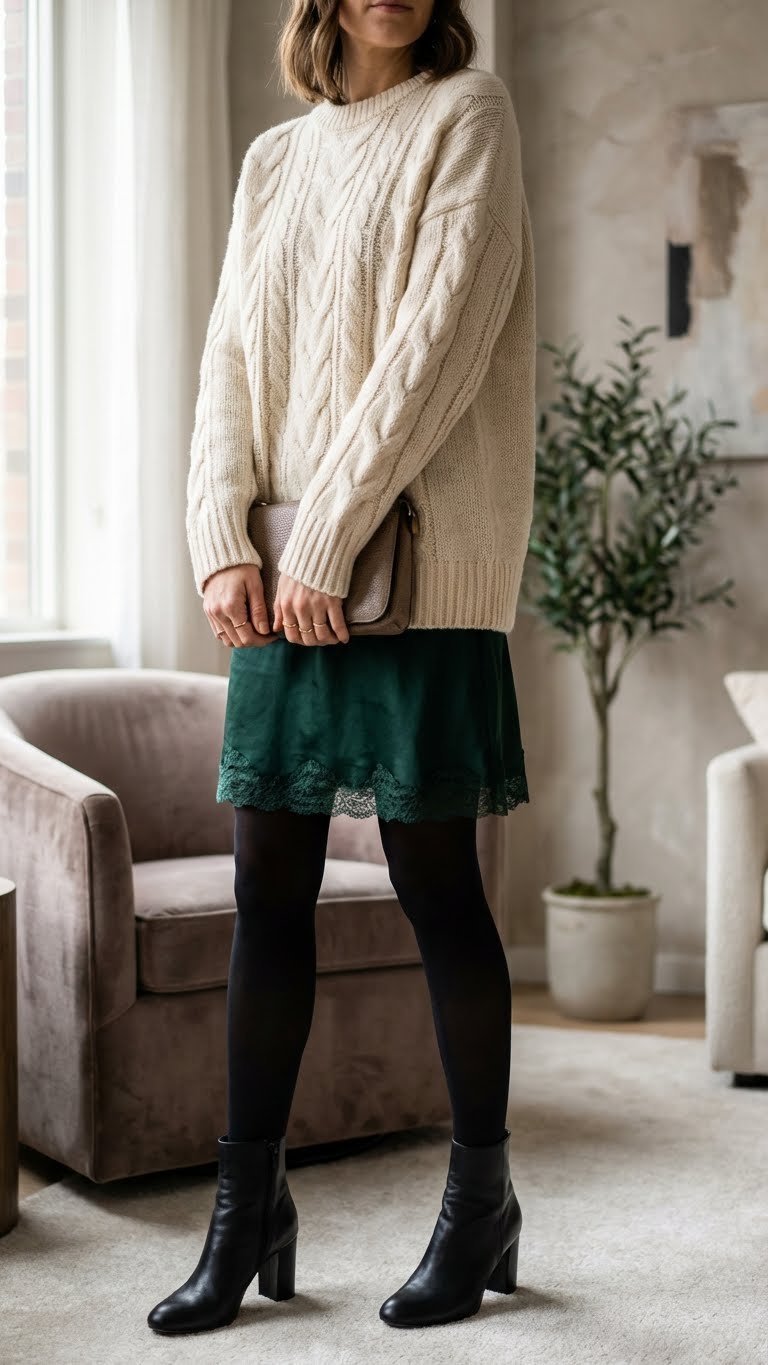 Woman in a chic satin slip dress layered under a chunky sweater with heeled ankle boots for an effortless winter look.