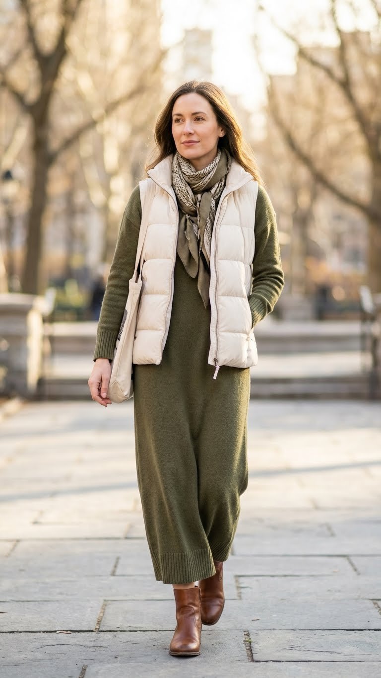 Woman in a comfortable knit maxi dress and puffer vest with casual sneakers, perfect for a relaxed everyday winter outing.