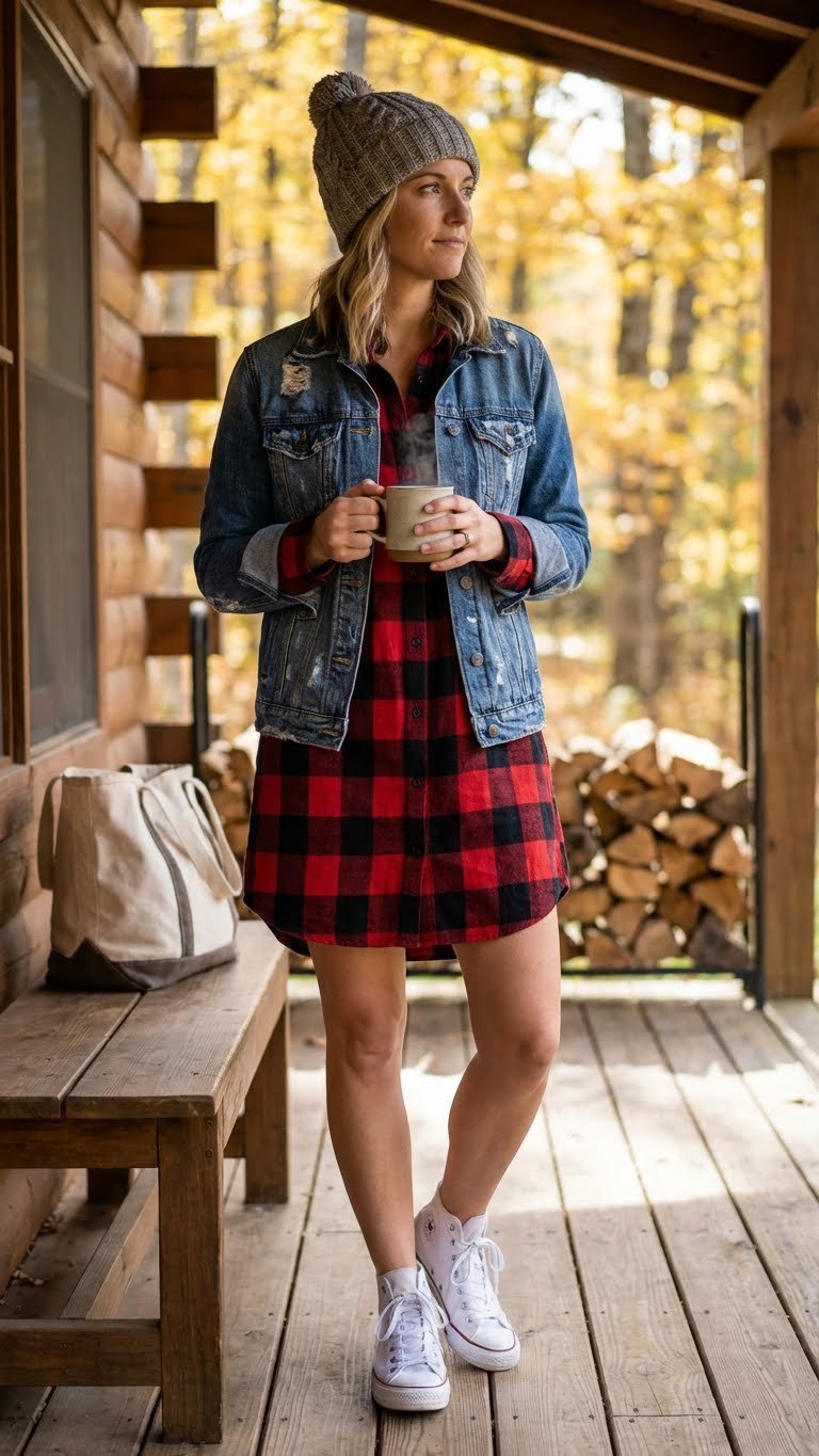 Woman in a cozy plaid flannel dress, distressed denim jacket, and high-top sneakers, perfect for a relaxed rustic winter day.
