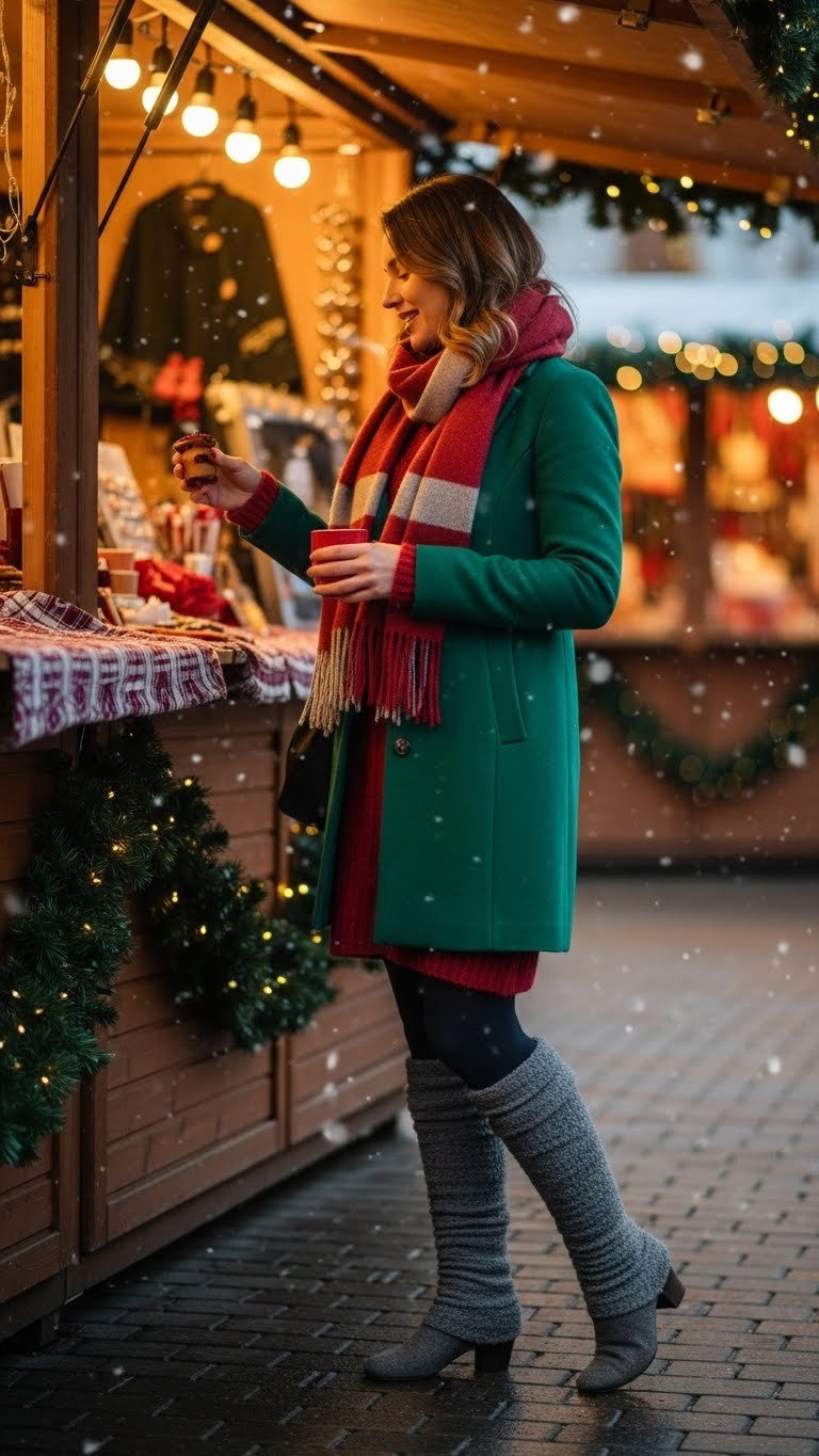 Woman in a cranberry wool coat and statement scarf browsing a European Christmas market with twinkling lights and falling snow.