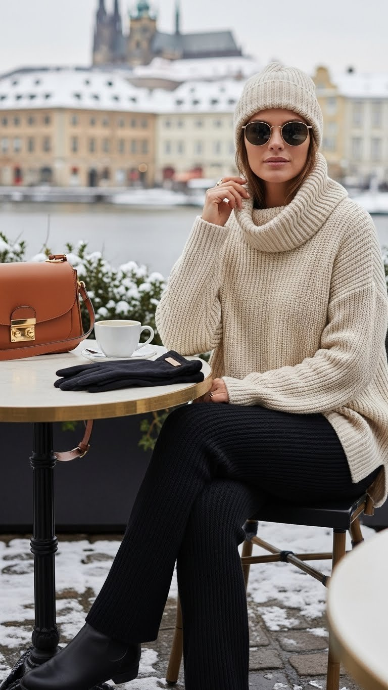 Woman in a cream oversized turtleneck sweater and thermal leggings at a snowy outdoor cafe with a mug, for winter travel style.