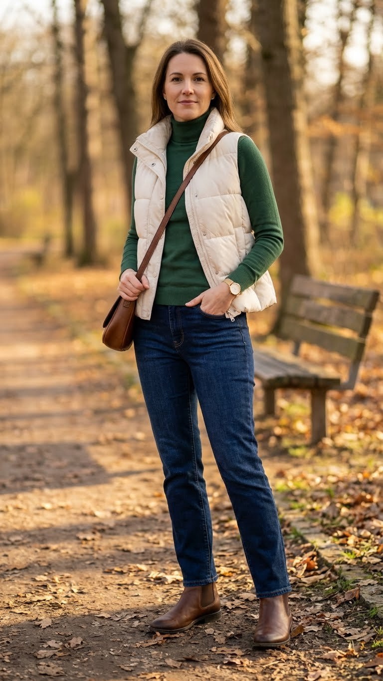 Woman in a cream quilted vest, forest green turtleneck, dark jeans, and Chelsea boots in an autumnal park.