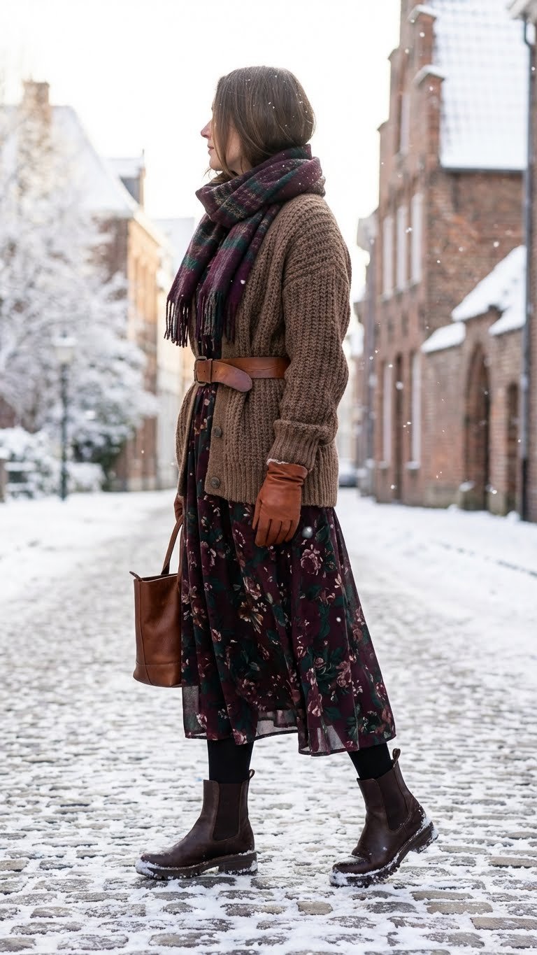 Woman in a dark maxi dress, chunky knit cardigan, and leather belt, with scarf and boots, walking on a snow-dusted cobblestone street.