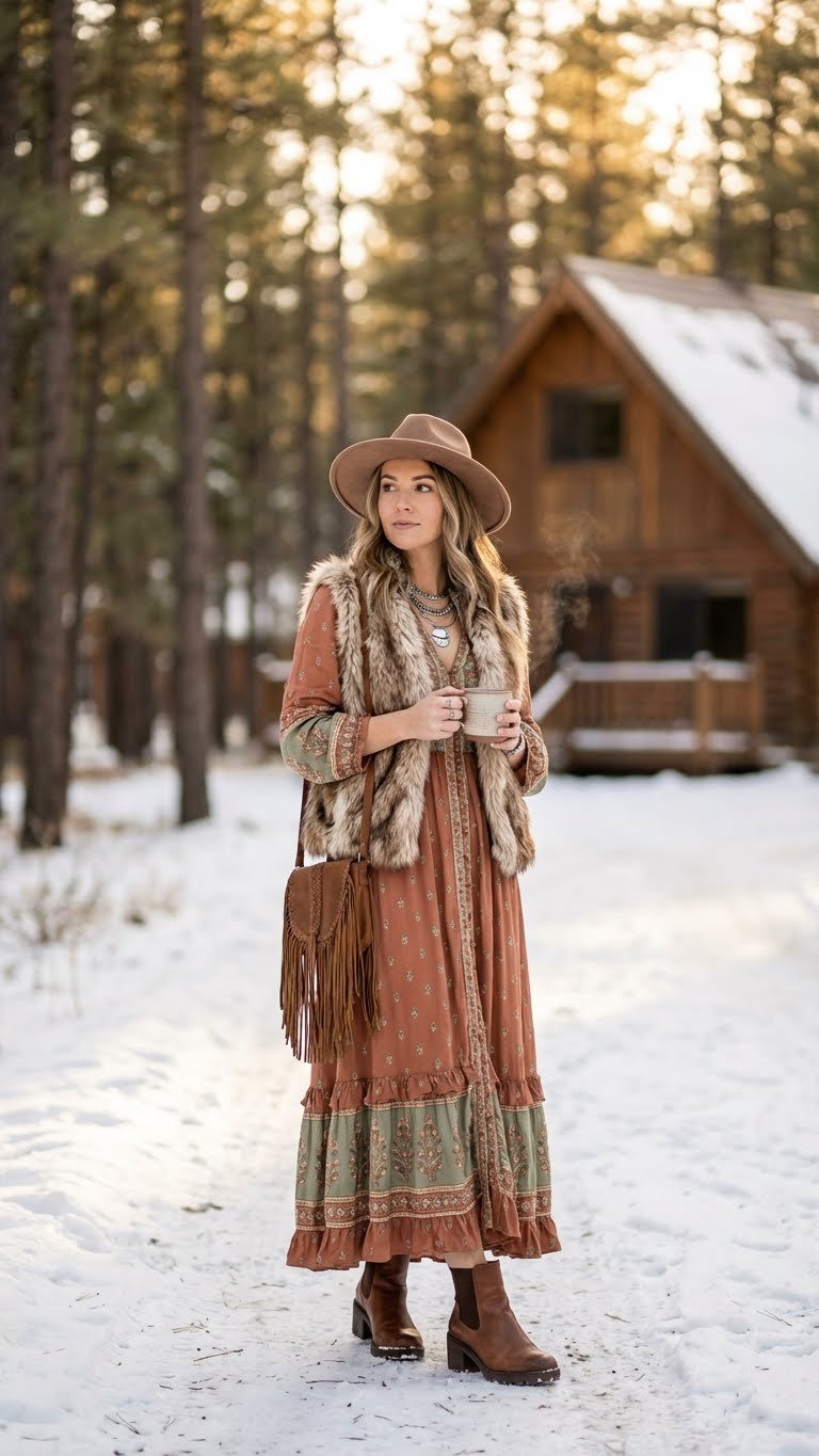 Woman in a flowy boho maxi dress with faux fur and chunky ankle boots, perfect for a free-spirited, warm winter look.
