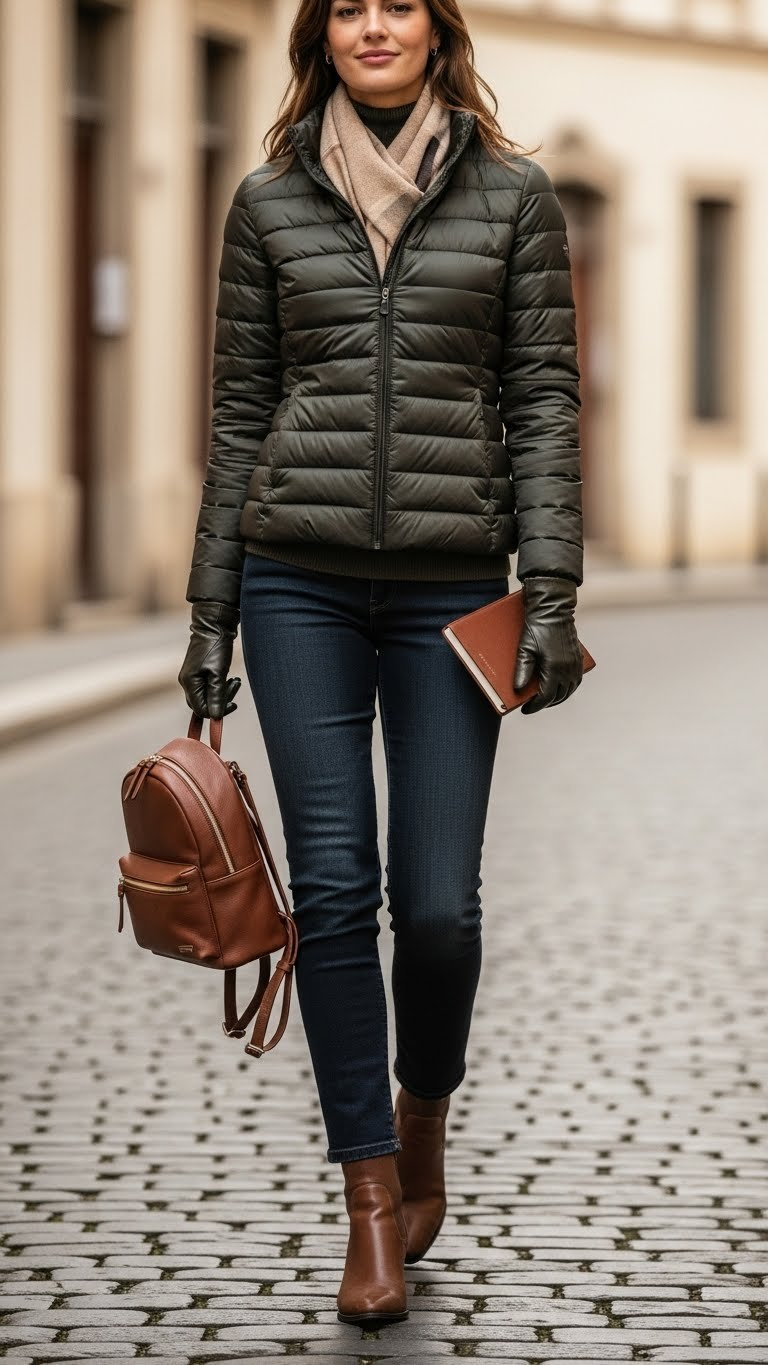 Woman in a forest green packable puffer jacket, scarf, and gloves, walking a European cobblestone street with a travel backpack.