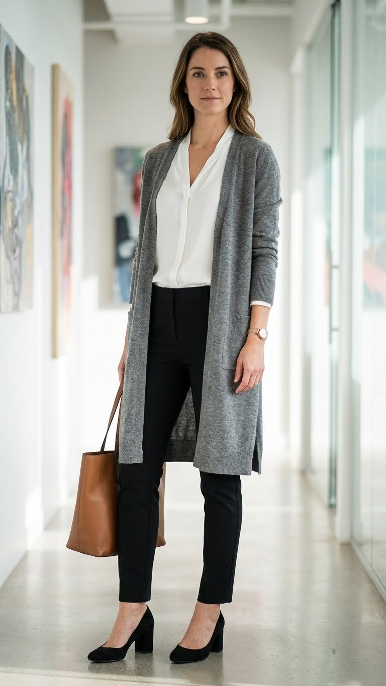 Woman in a long gray cardigan, white silk blouse, black trousers, and pumps stands professionally in an office.