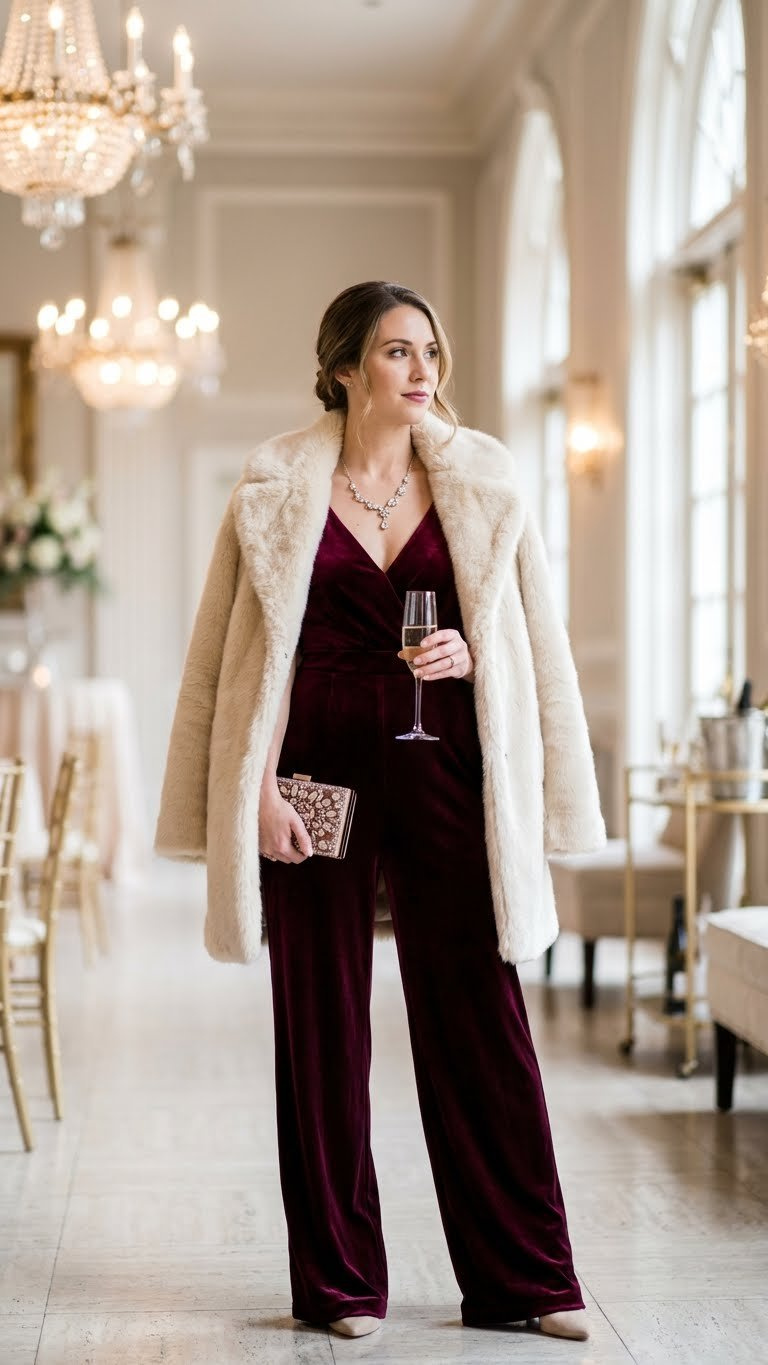 Woman in a rich burgundy velvet wide-leg jumpsuit and cream faux fur coat at a grand, softly lit event space.