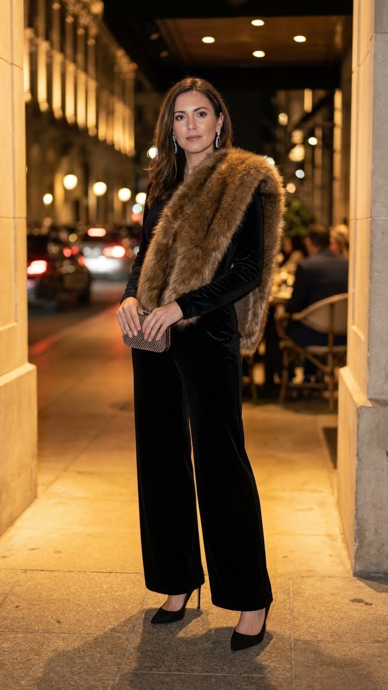 Woman in a sleek black wide-leg jumpsuit, faux fur stole, and stiletto pumps at a high-end restaurant entrance.
