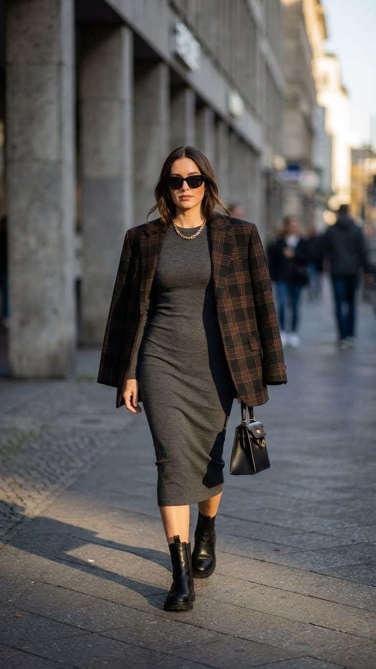 Woman in a sleek dark bodycon dress with an oversized blazer and combat boots, creating an edgy, confident urban winter look.