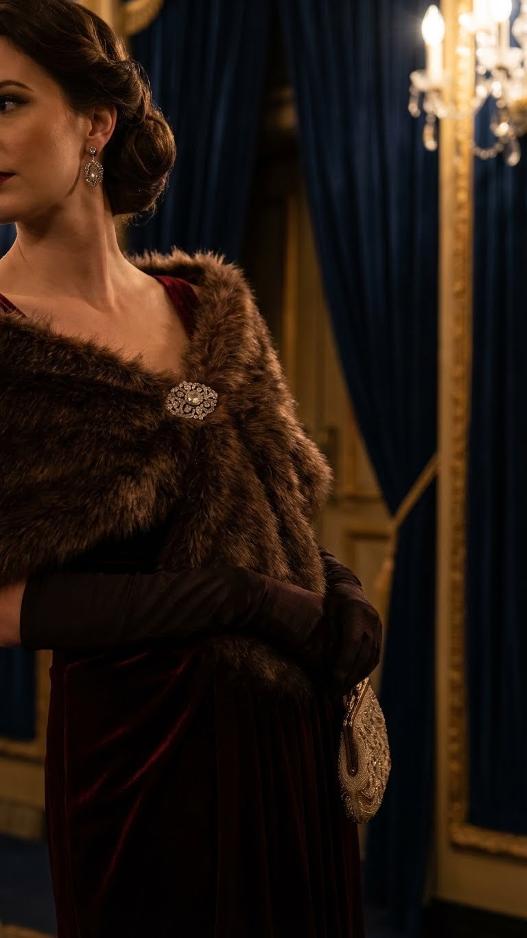 Woman in a velvet gown, faux fur stole, opera gloves, and vintage jewelry in an opulent evening setting.