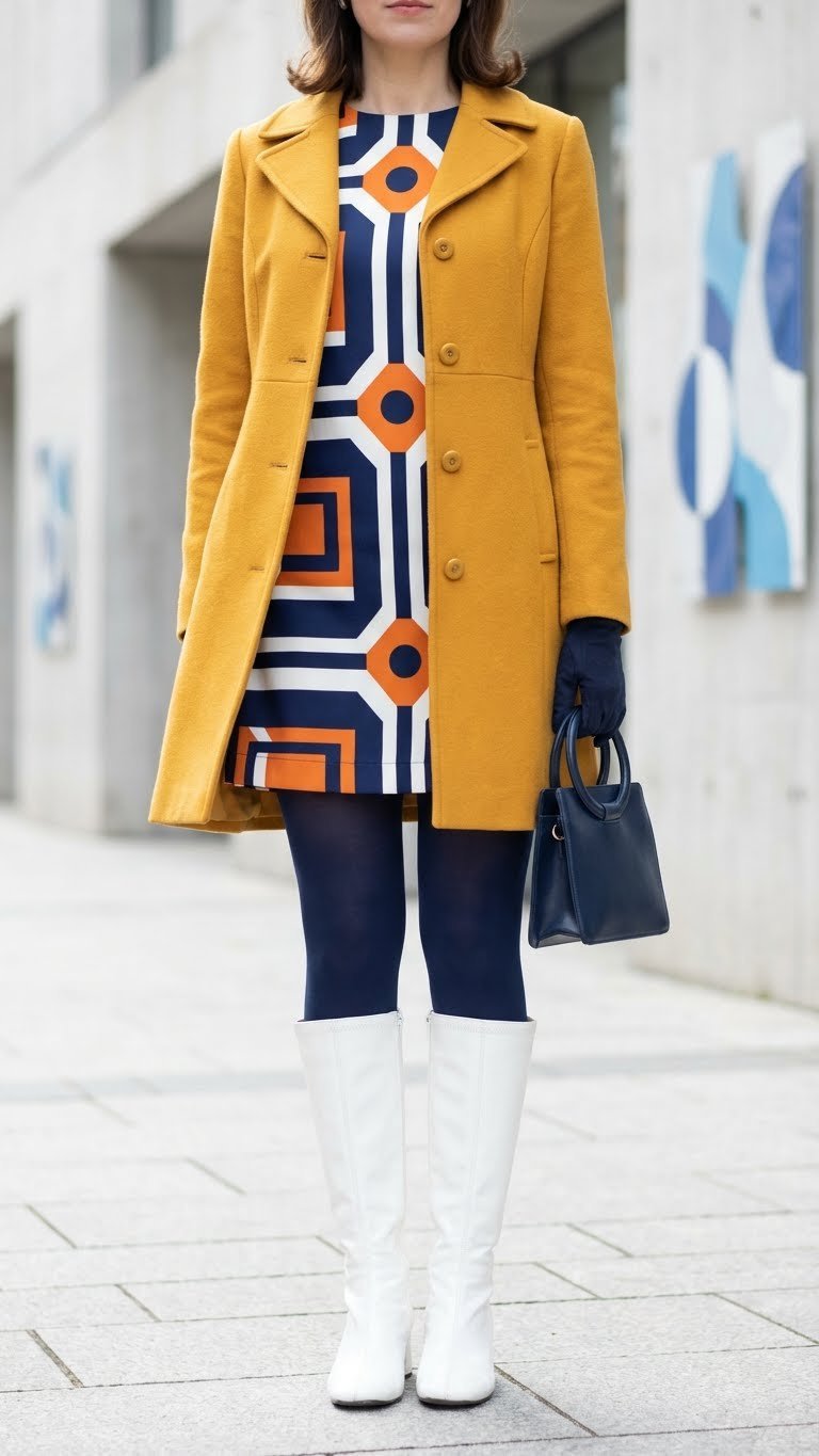 Woman in a vibrant 1960s mod geometric dress, mustard yellow coat, colorful tights, and go-go boots on a modern urban street.