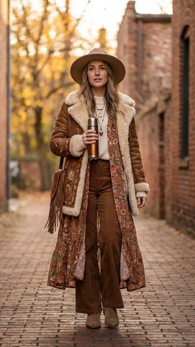 Woman in a warm 1970s boho Afghan coat, maxi dress, corduroy, felt hat, and fringed bag in a cozy autumn park.