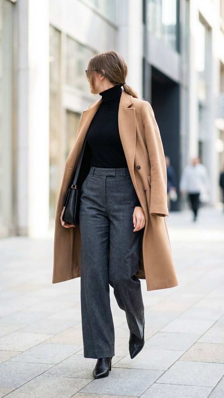 Woman in charcoal wide-leg wool trousers, a black turtleneck, and a camel wool coat on a city sidewalk.