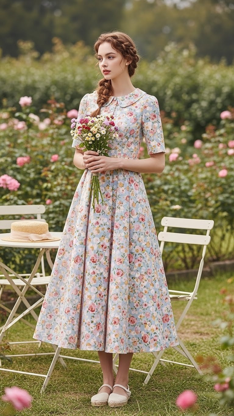 Woman in charming vintage floral dress holding bouquet in lush garden setting for romantic Valentine's look