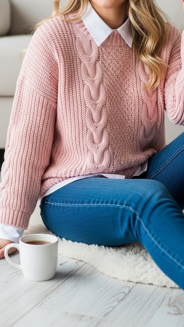Woman in cozy baby pink cable-knit sweater, white shirt, dark jeans, holding warm mug. Layered winter home fashion.