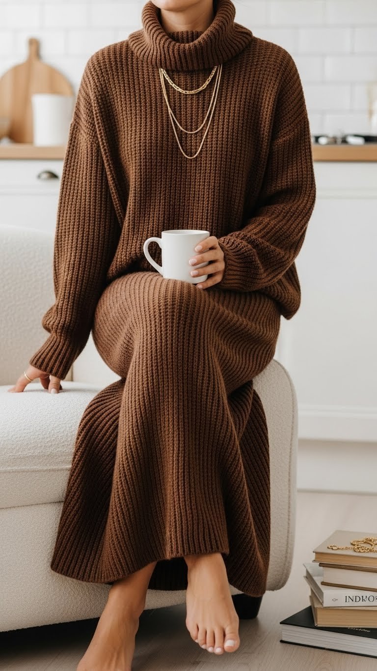 Woman in cozy chocolate brown knit skirt & oversized turtleneck sweater on cream armchair with gold necklaces, steaming mug.