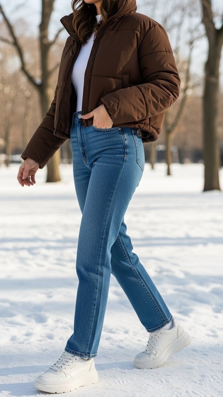 Woman in cozy dark brown puffer jacket, blue denim jeans, white top, brown beanie, white trainers in snowy park.