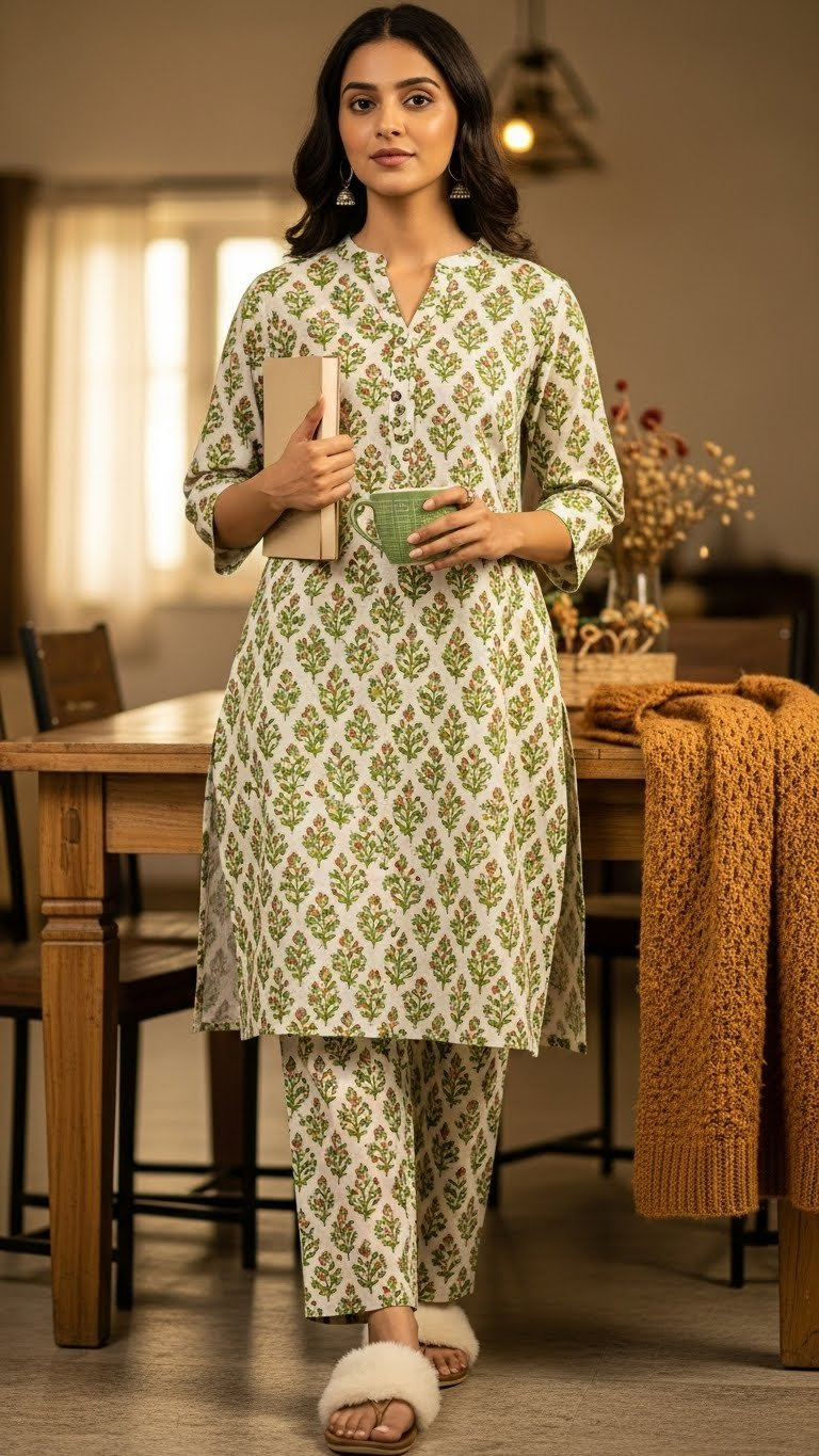 Woman in cozy printed linen winter kurta and trousers. Relaxed fabric, comfortable home style, perfect casual winter outfit.