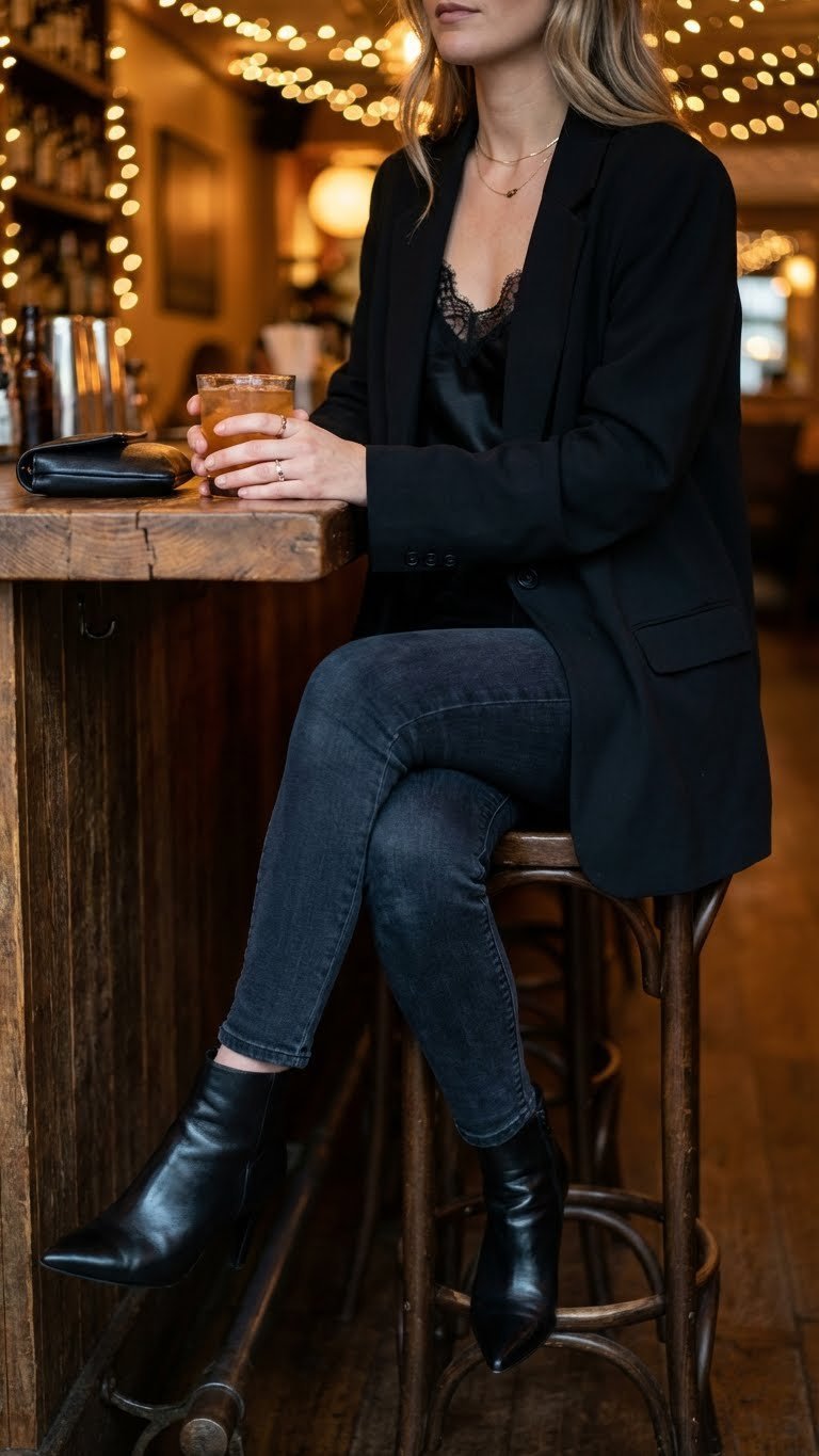 Woman in dark wash skinny jeans, a black silky camisole, and an oversized black blazer at a cozy restaurant.