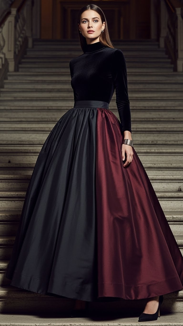 Woman in dramatic floor-length taffeta skirt and velvet bodysuit, elegant formal separates on grand staircase.