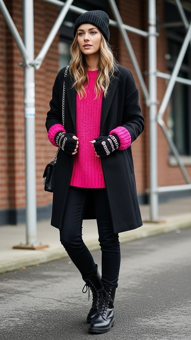Woman in edgy black wool coat, chunky pink sweater, combat boots, skinny jeans. Urban street style winter fashion.