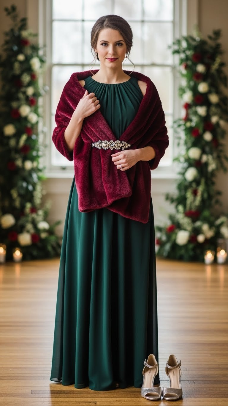 Woman in elegant burgundy formal winter maxi dress with faux fur wrap, embellished belt, ideal wedding guest attire.
