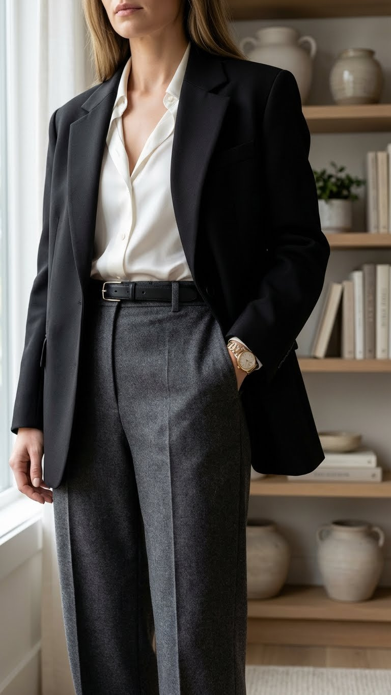 Woman in elegant tailored suit: high-waisted gray wool trousers, oversized black blazer, white silk blouse, leather belt, gold watch.