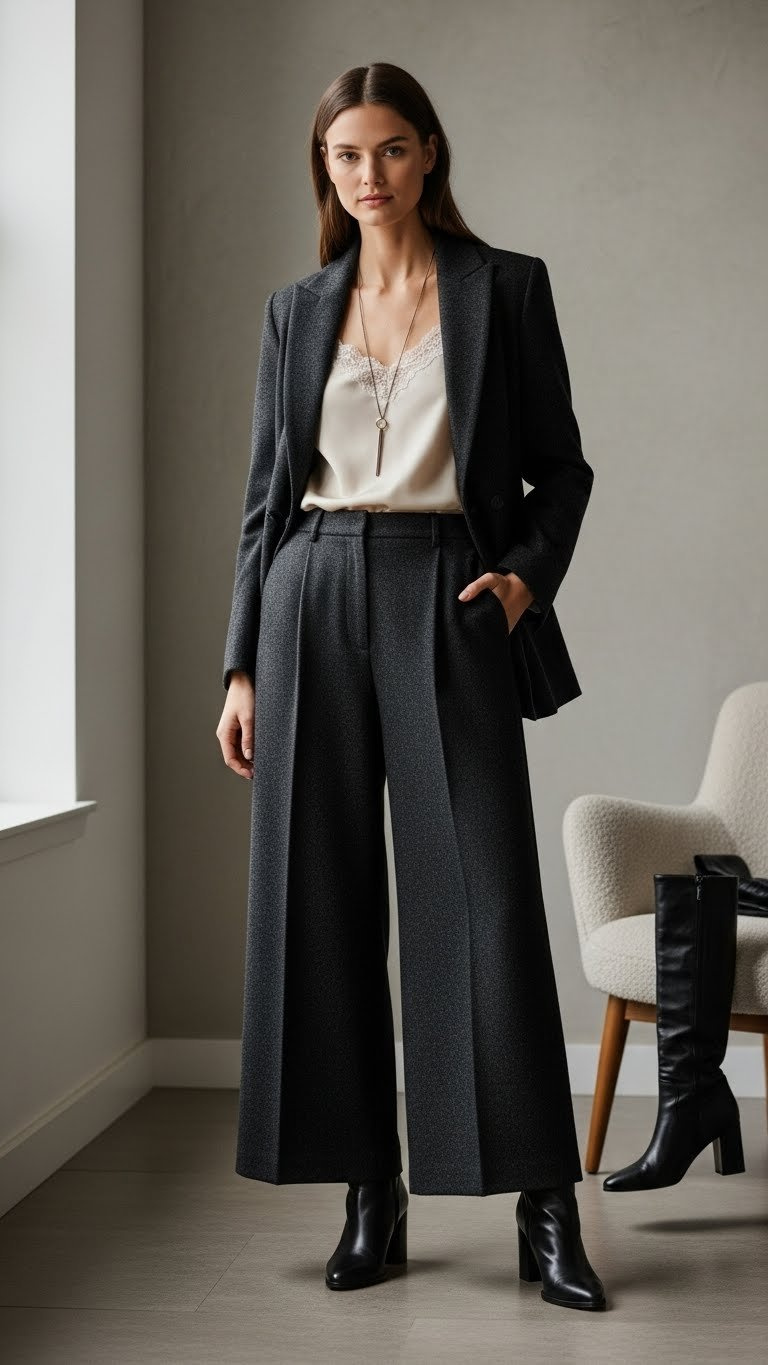 Woman in elegant wide-leg wool pantsuit, deep gray/black, lace camisole, pendant, in modern uncluttered setting.