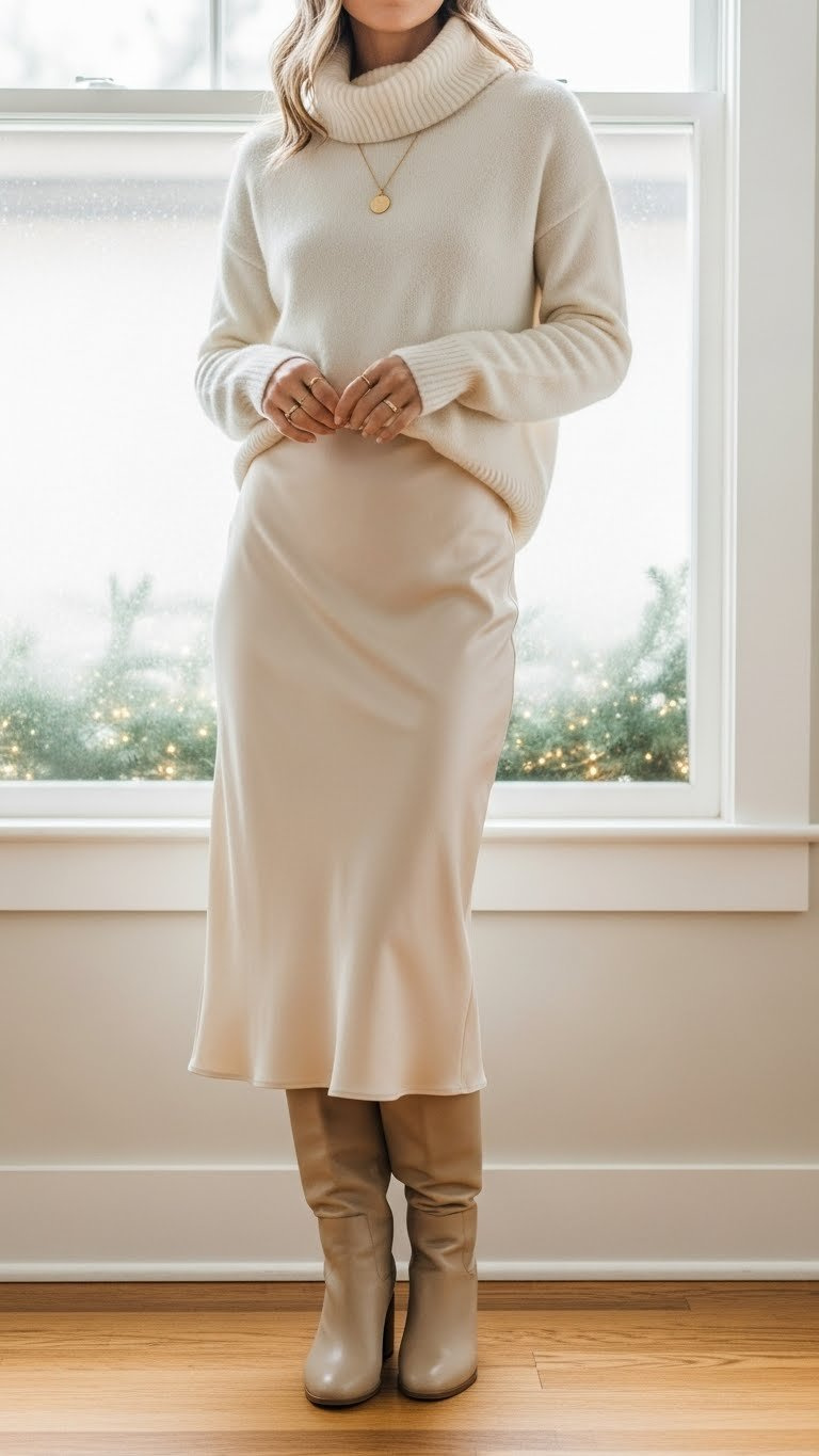 Woman in ethereal Winter White: ivory satin midi skirt, cashmere turtleneck, cream boots, by a frosted window.